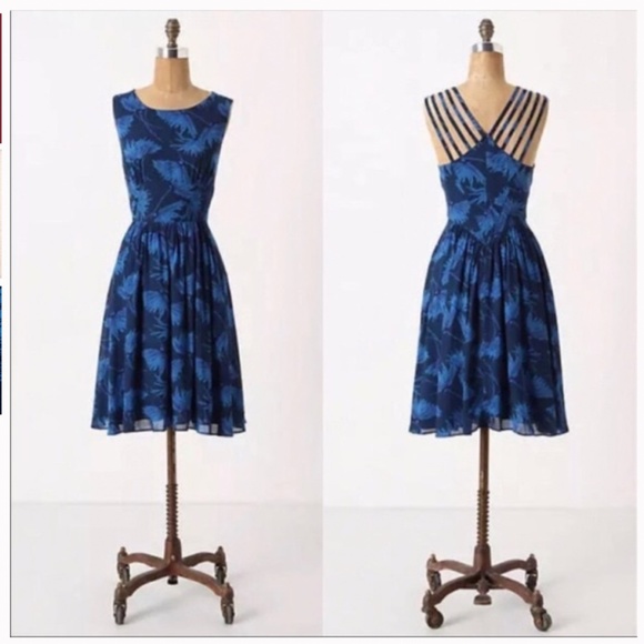 Anthropologie Dresses & Skirts - Anthropologie Maple dress in blue motif Strappy Size 2 tropical leaf print